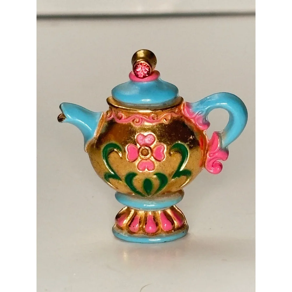 Vintage Teapot Brooch Whimsical Enamel Pink Rhinestone Flower Pin